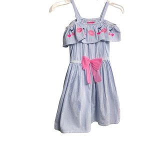 Betsey Johnson Seersucker embroidered Off-Shoulder Dress lips , stripes size 12